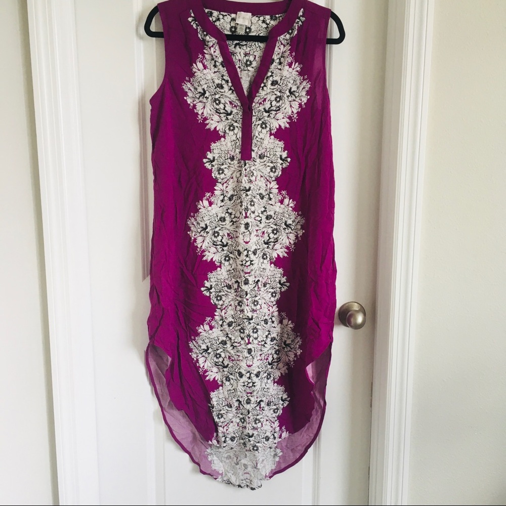 Cupio high low sleeveless tunic purple black white printed dress size medium